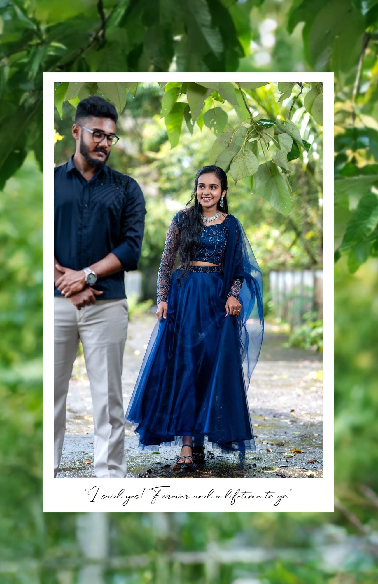 Engaged couple walking together outdoors