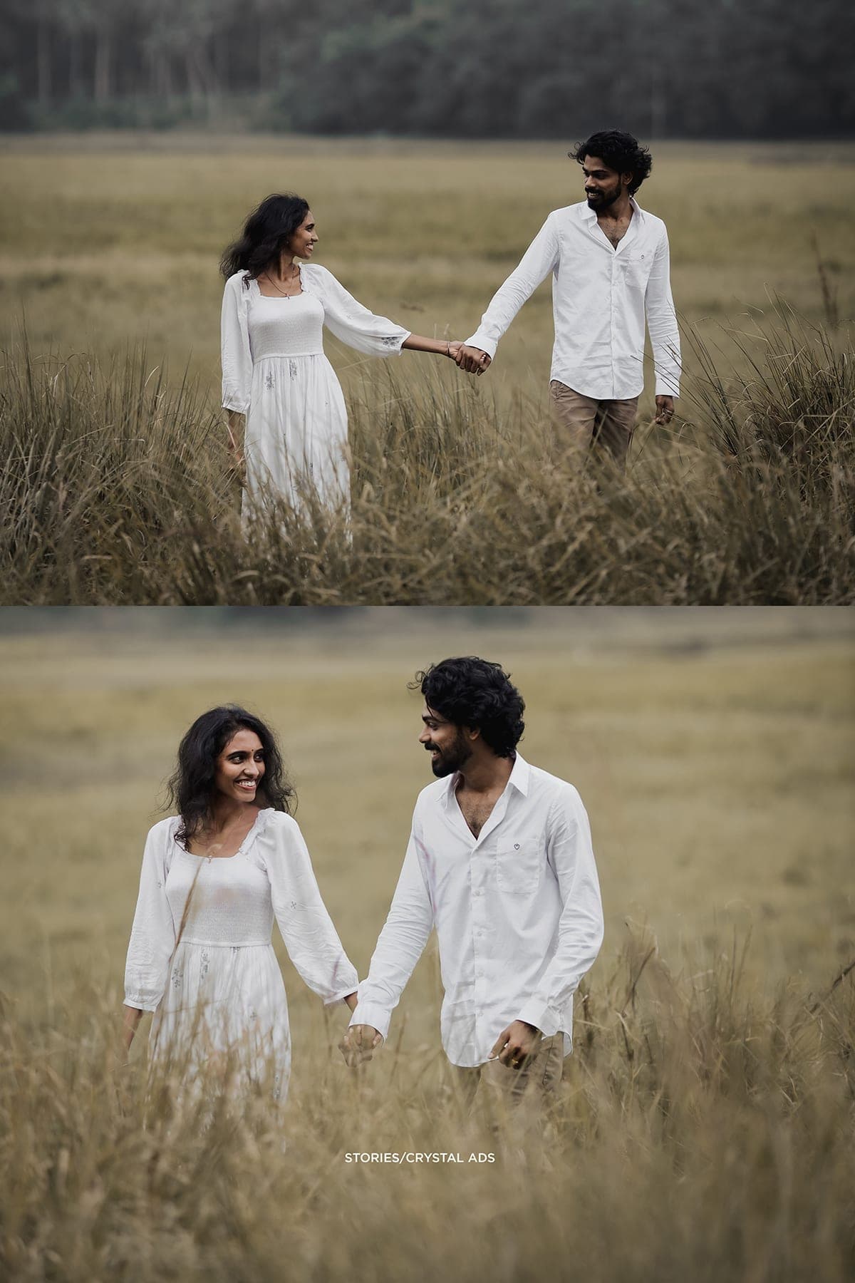 Two frames of the couple walking through the meadow