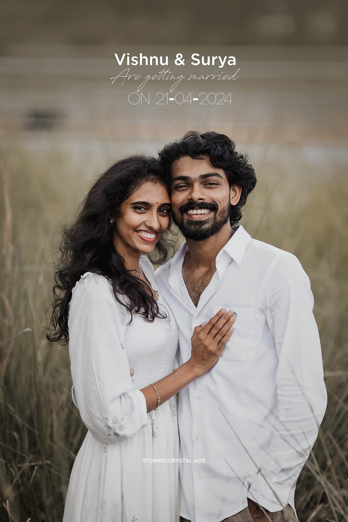 Title frame reading "Vishnu & Surya", the couple smiling in tall grass